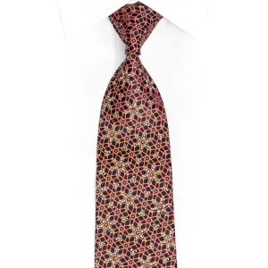 Gold Geometric Trellis On Burgundy Blue Rhinestone Silk Tie With Gold Sparkles