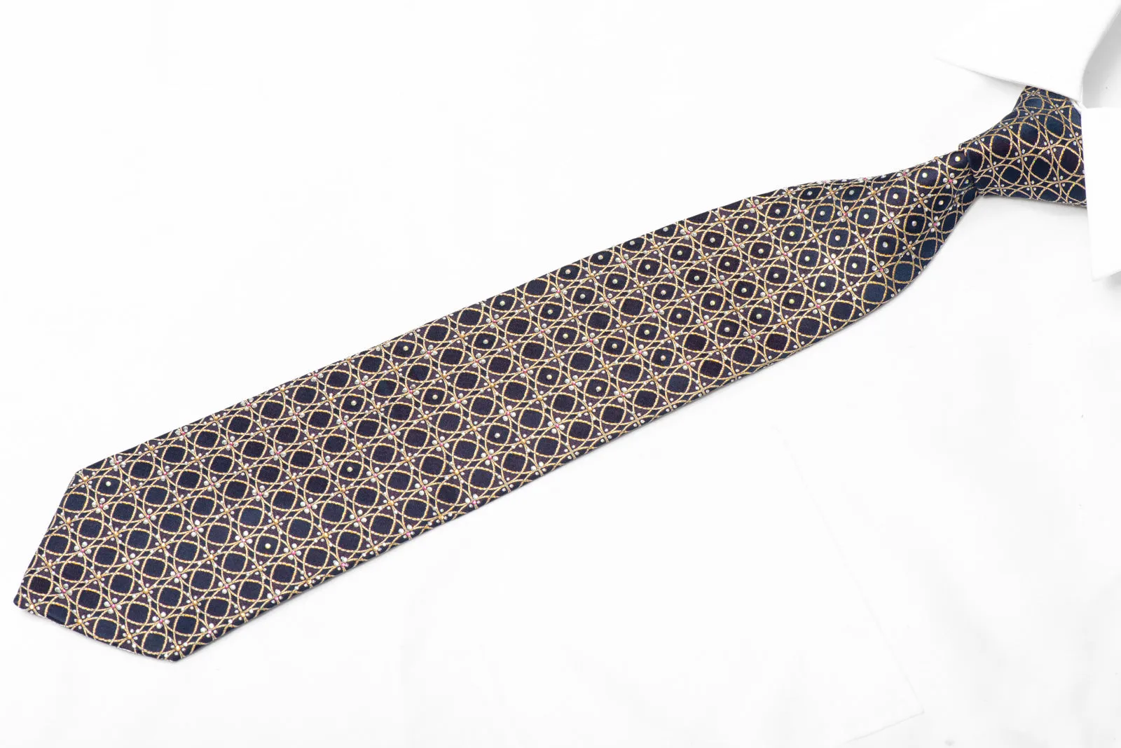 Gold Interlocking Circles On Navy Blue Rhinestone Silk Necktie With Sparkles