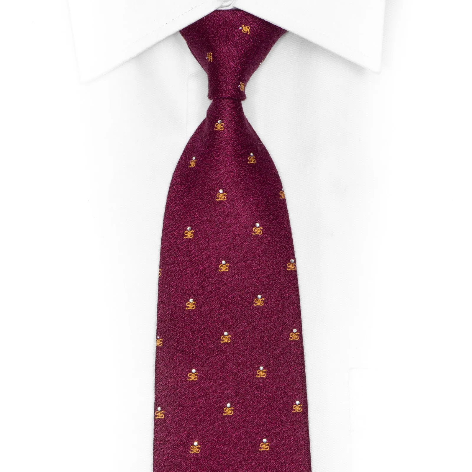 Gold Monogram On Burgundy Rhinestone Silk Necktie