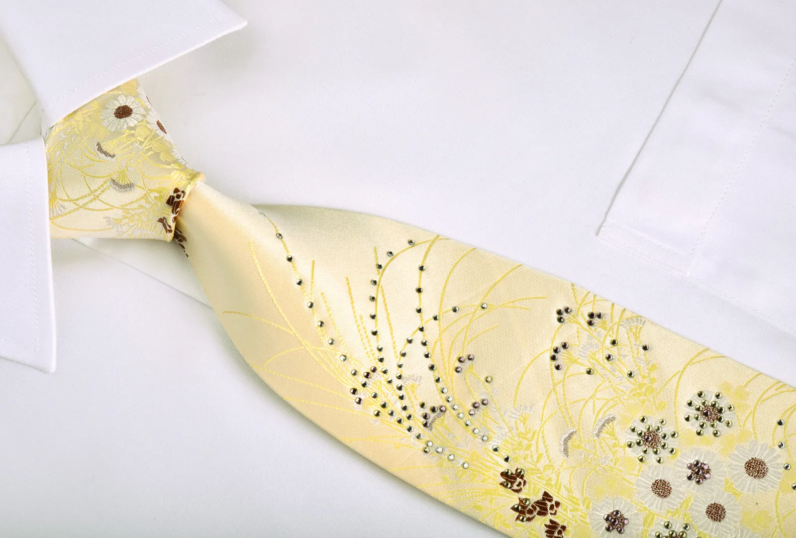 Grang Cia Silk Necktie Floral On Yellow With Rhinestones