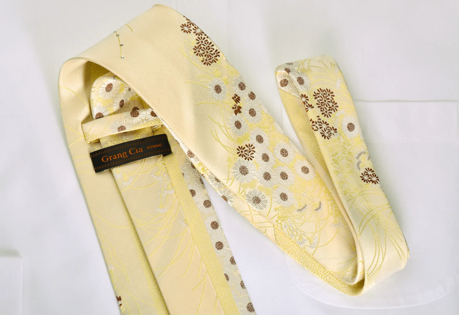 Grang Cia Silk Necktie Floral On Yellow With Rhinestones
