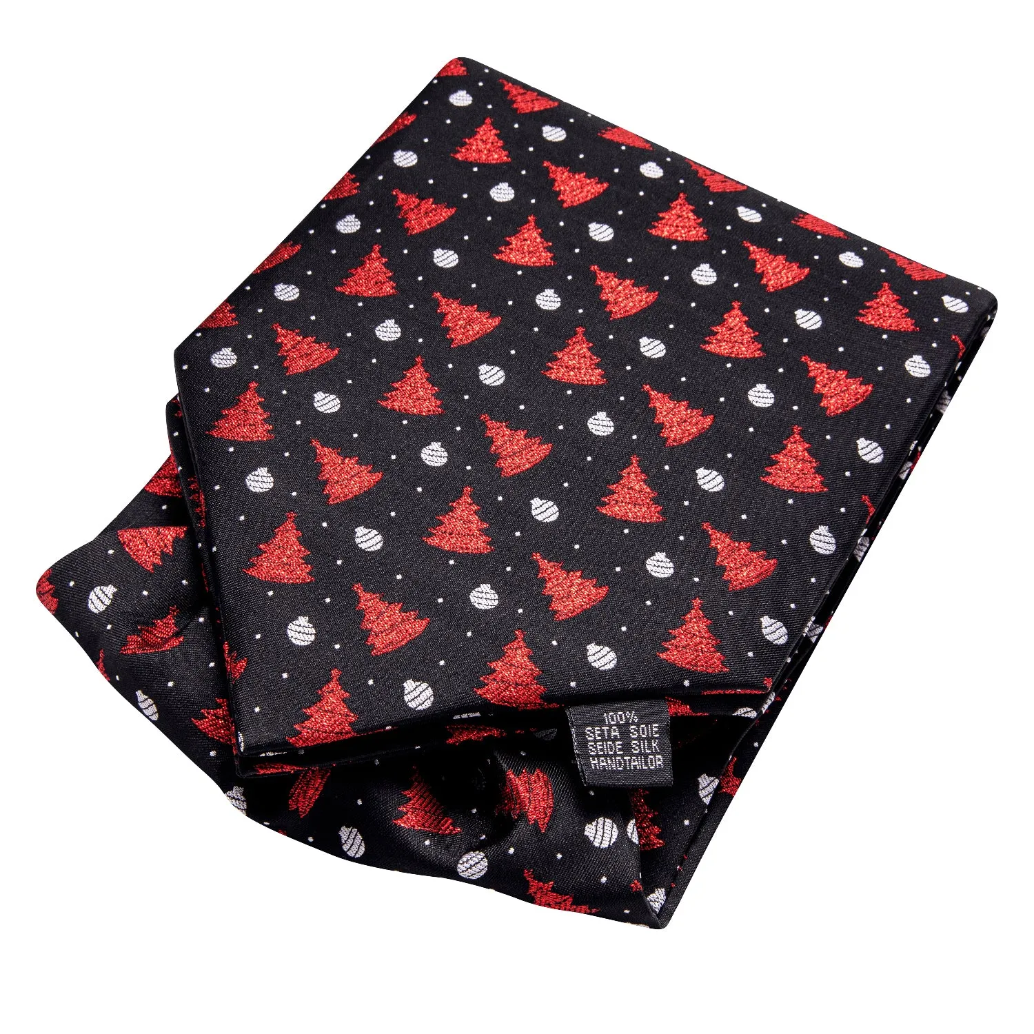Hi-Tie Black Red Christmas Tree Ascot Pocket Square Cufflinks Set