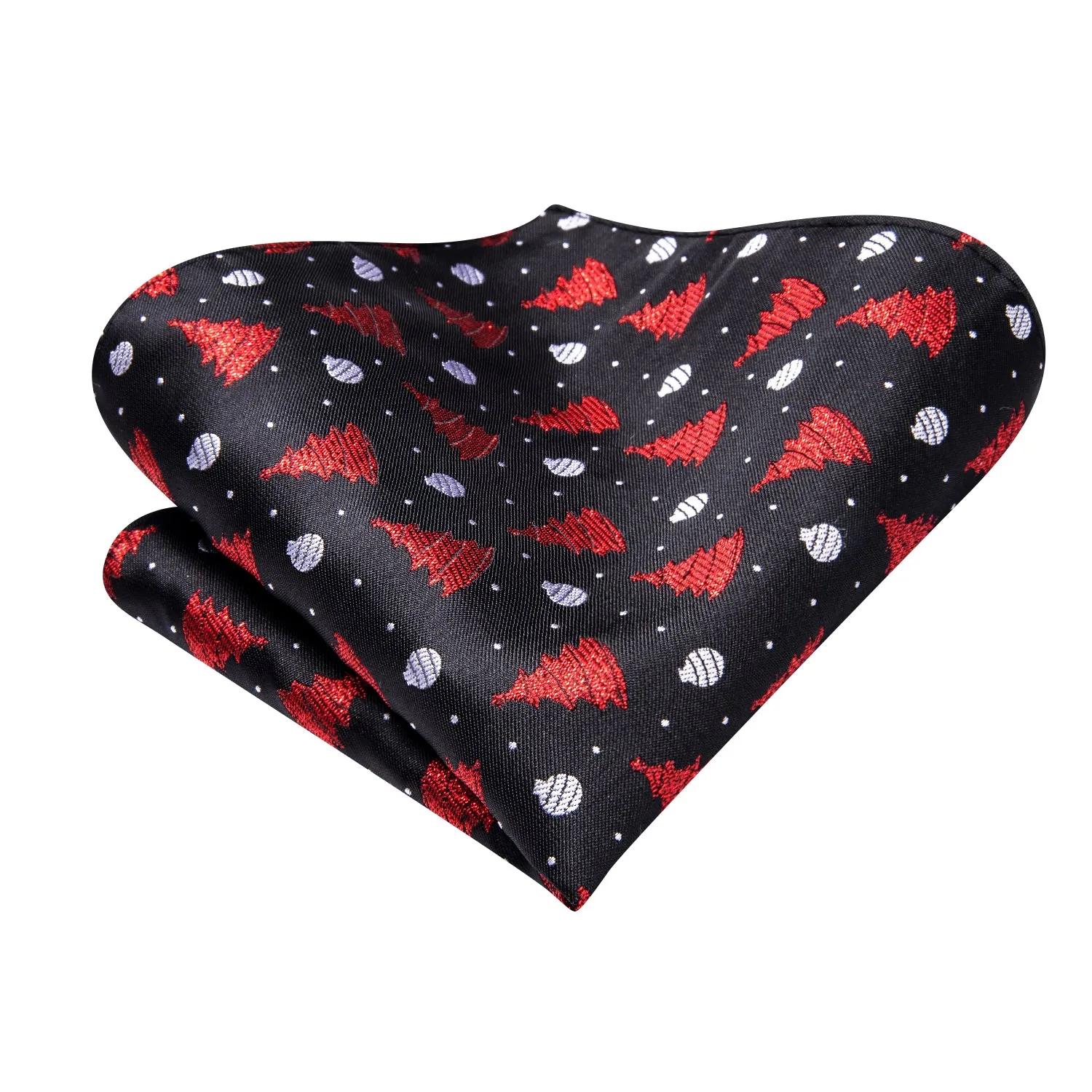 Hi-Tie Black Red Christmas Tree Ascot Pocket Square Cufflinks Set