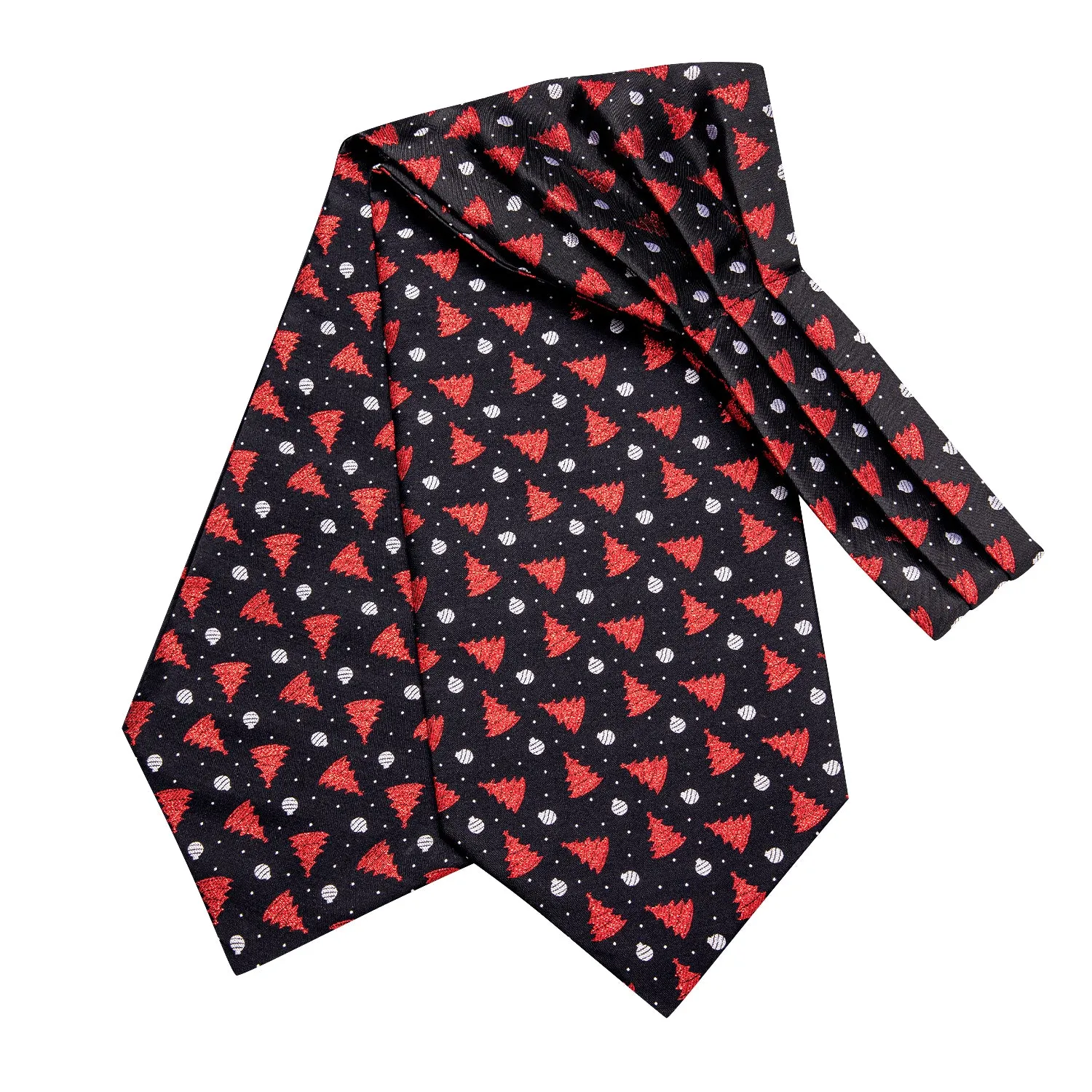 Hi-Tie Black Red Christmas Tree Ascot Pocket Square Cufflinks Set