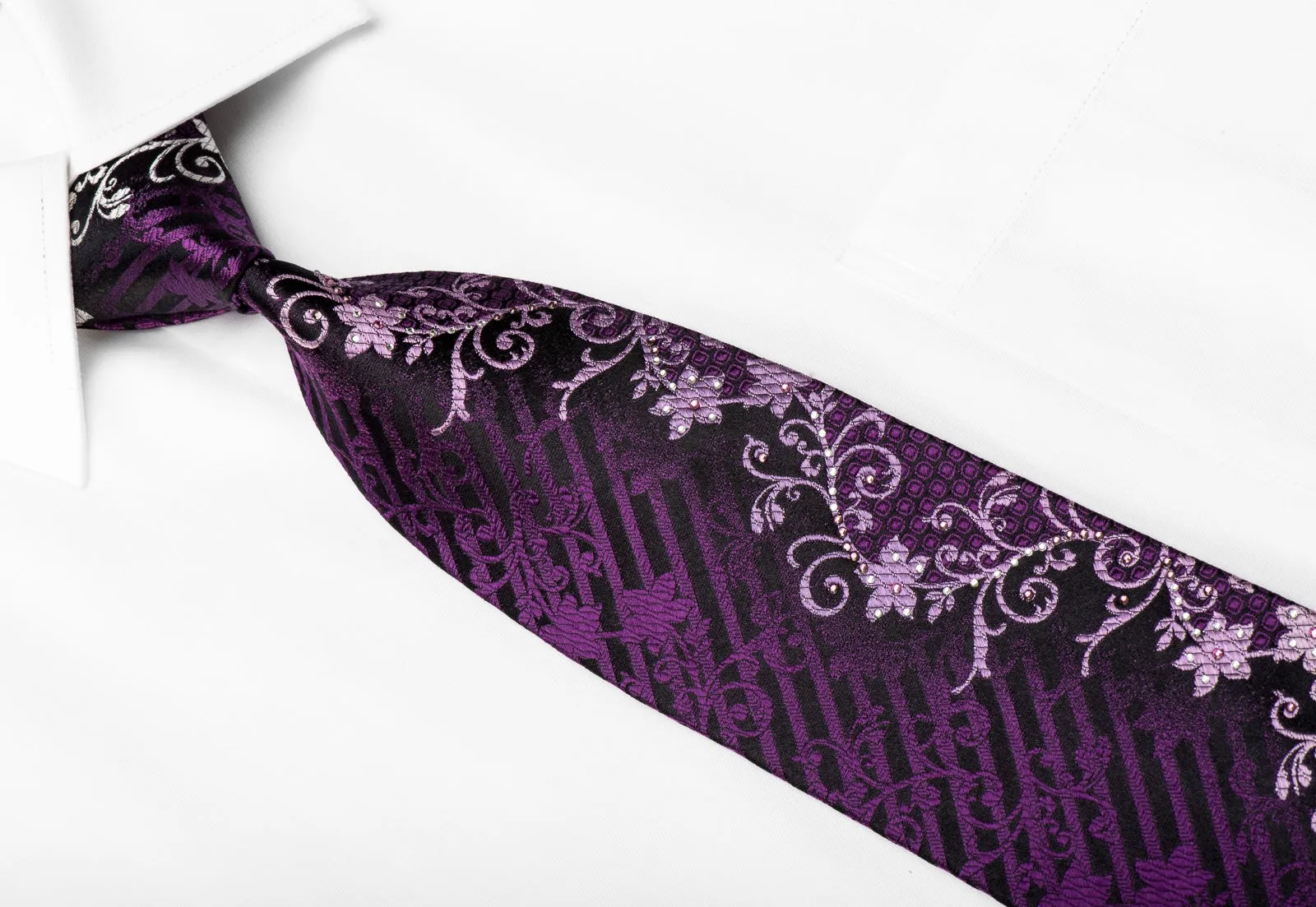 Indian Homme Men's Crystal Rhinestone Silk Necktie Floral On Purple With Silver Sparkles