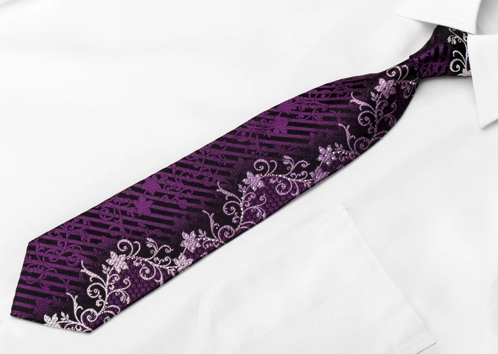 Indian Homme Men's Crystal Rhinestone Silk Necktie Floral On Purple With Silver Sparkles