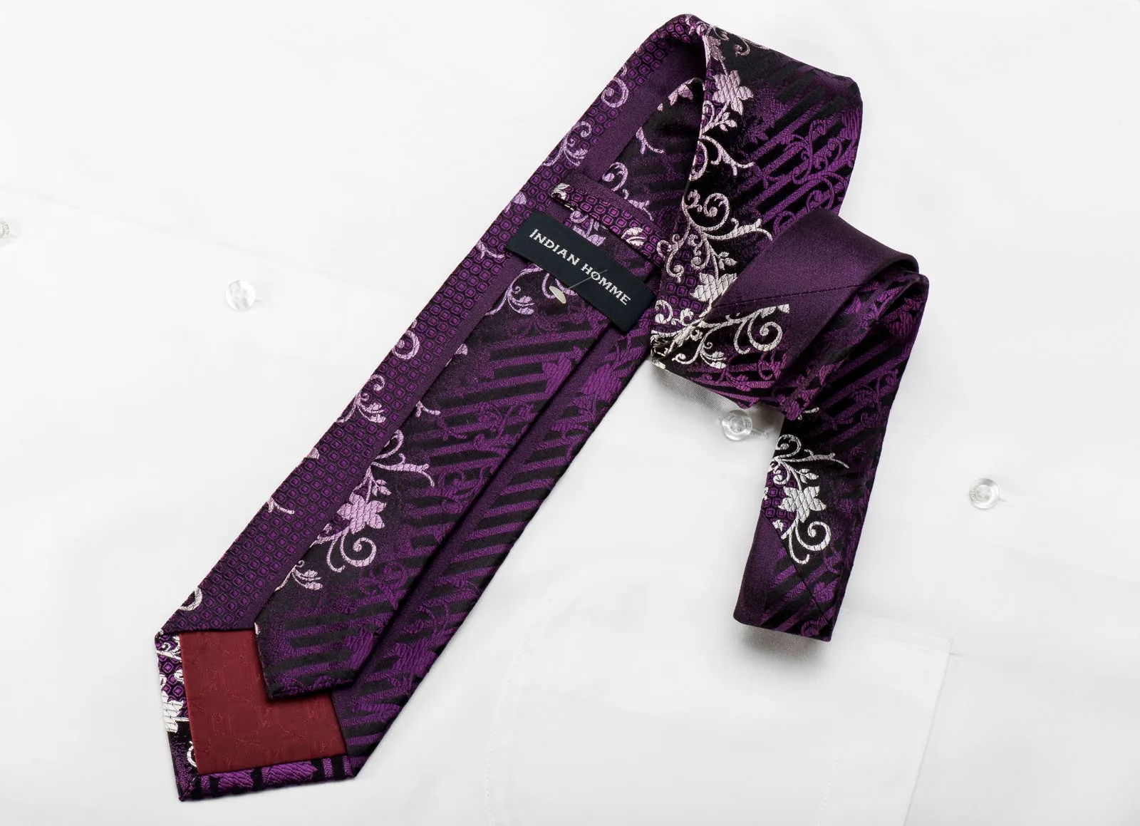 Indian Homme Men's Crystal Rhinestone Silk Necktie Floral On Purple With Silver Sparkles