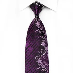 Indian Homme Men's Crystal Rhinestone Silk Necktie Floral On Purple With Silver Sparkles