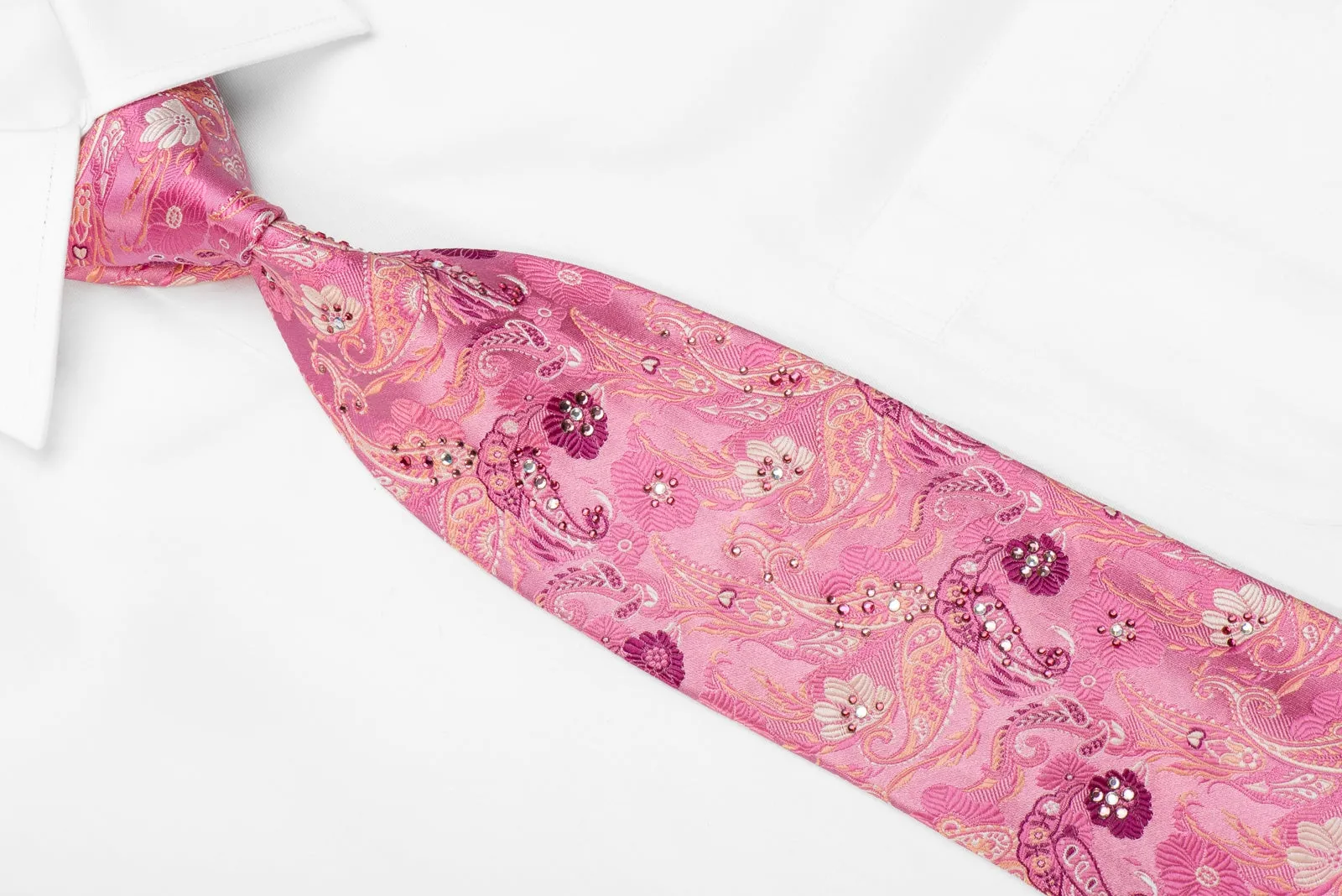 Indian Homme Men's Crystal Silk Tie Floral Paisley On Pink Sparkling With Rhinestones