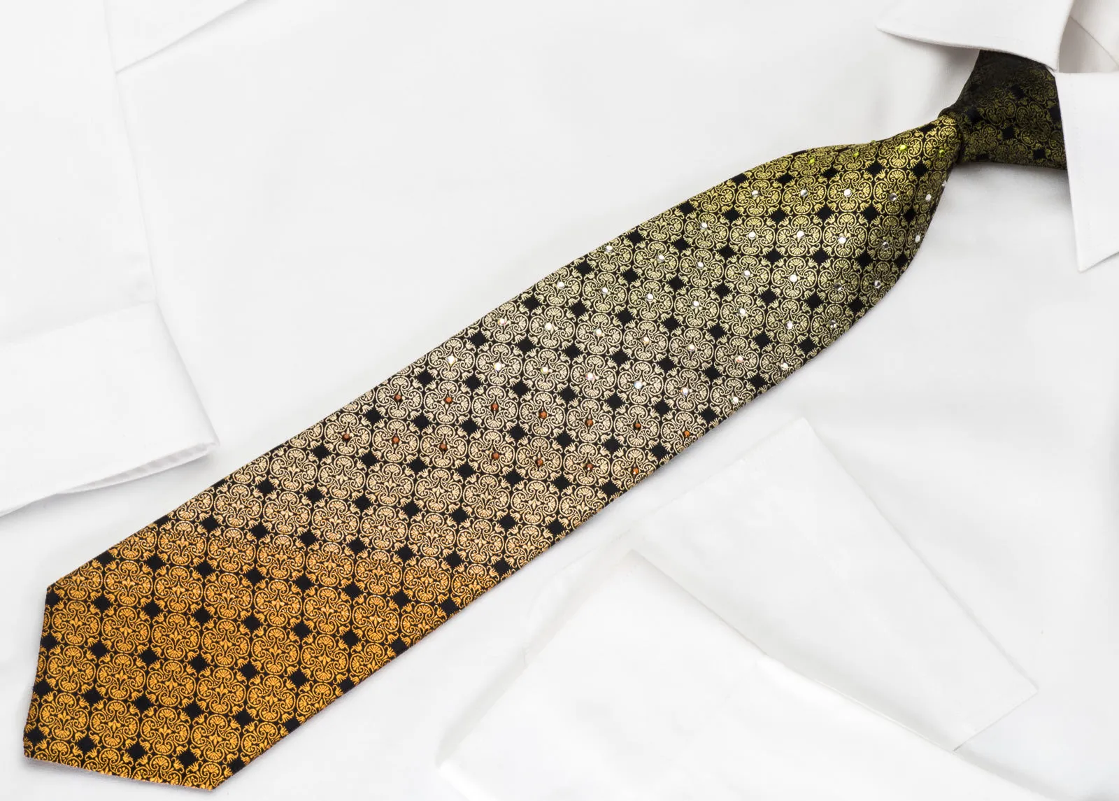 Indian Homme Silk Tie Yellow Orange Anthemion On Black With Rhinestones