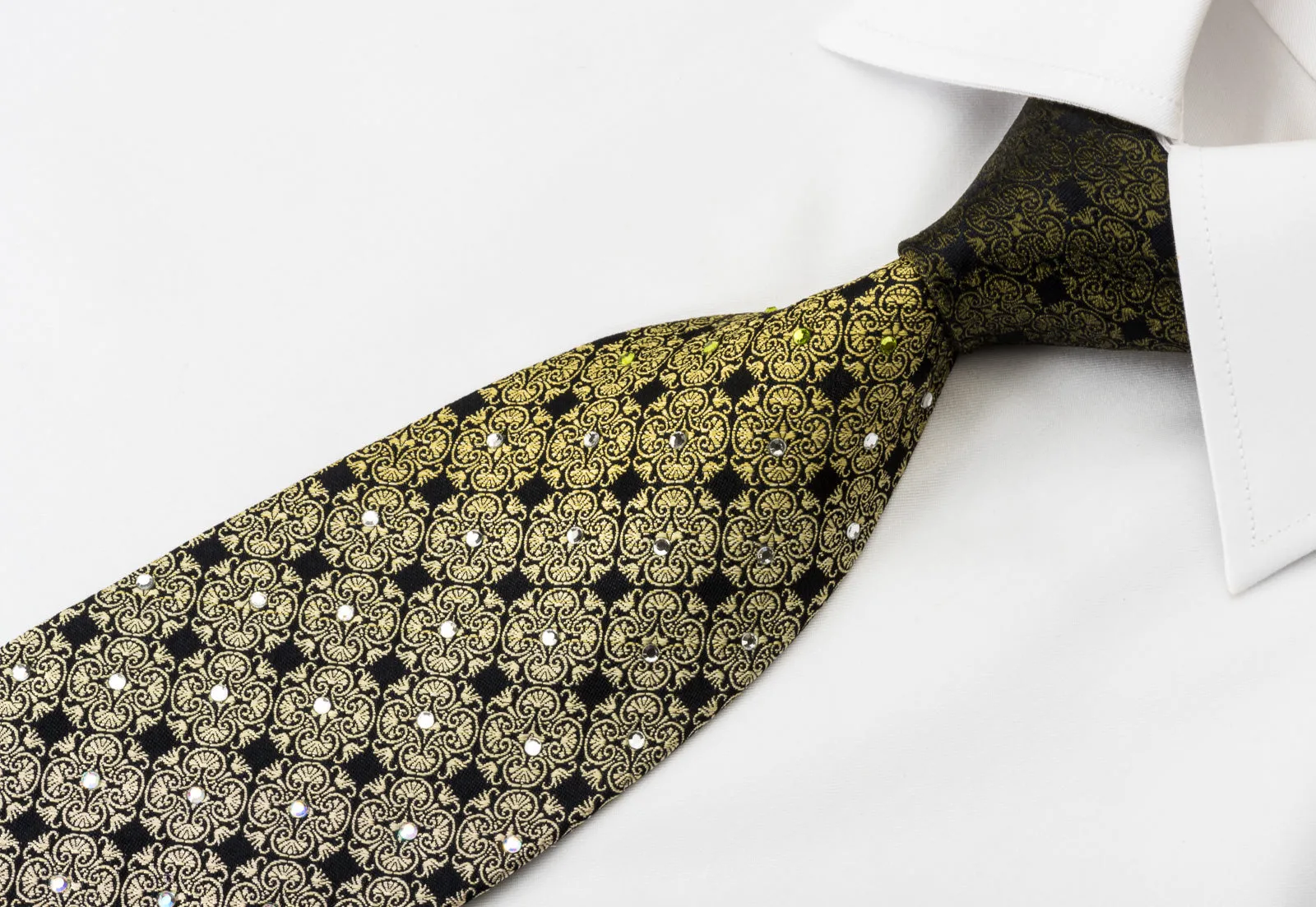 Indian Homme Silk Tie Yellow Orange Anthemion On Black With Rhinestones