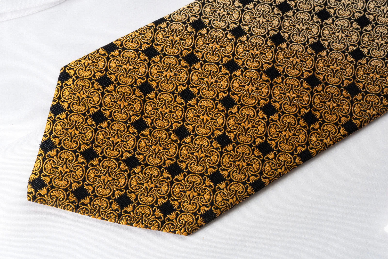 Indian Homme Silk Tie Yellow Orange Anthemion On Black With Rhinestones