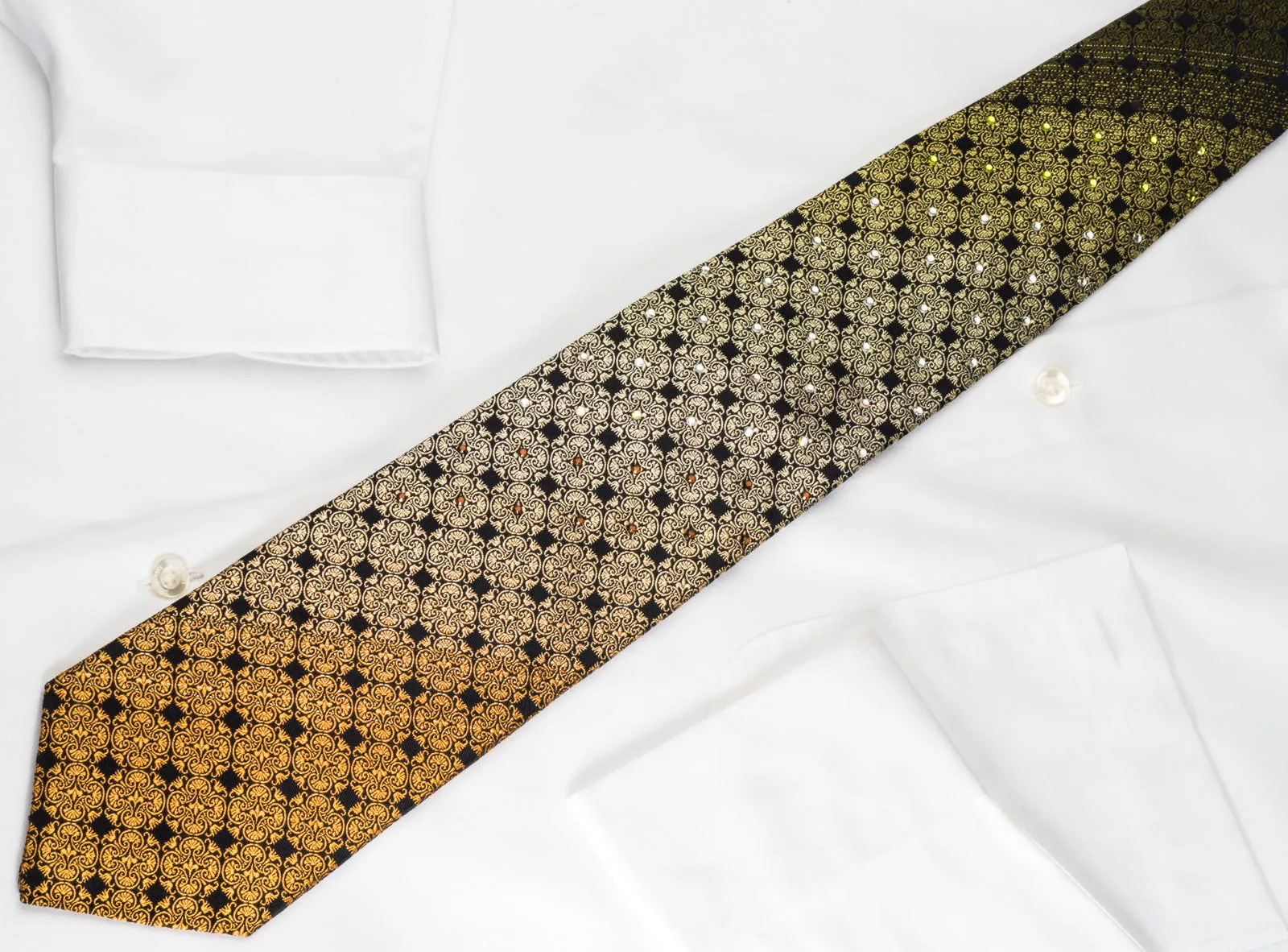 Indian Homme Silk Tie Yellow Orange Anthemion On Black With Rhinestones