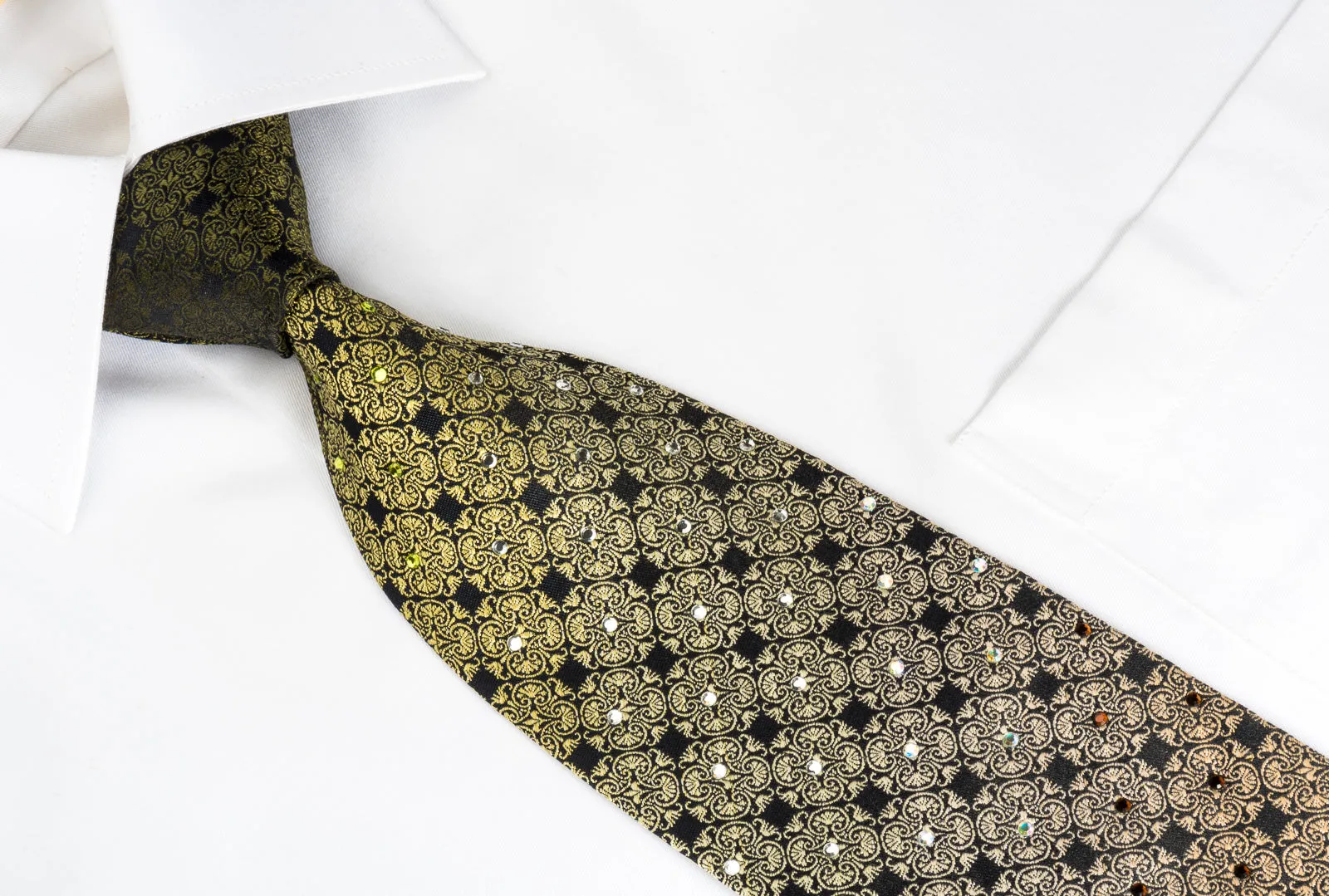 Indian Homme Silk Tie Yellow Orange Anthemion On Black With Rhinestones