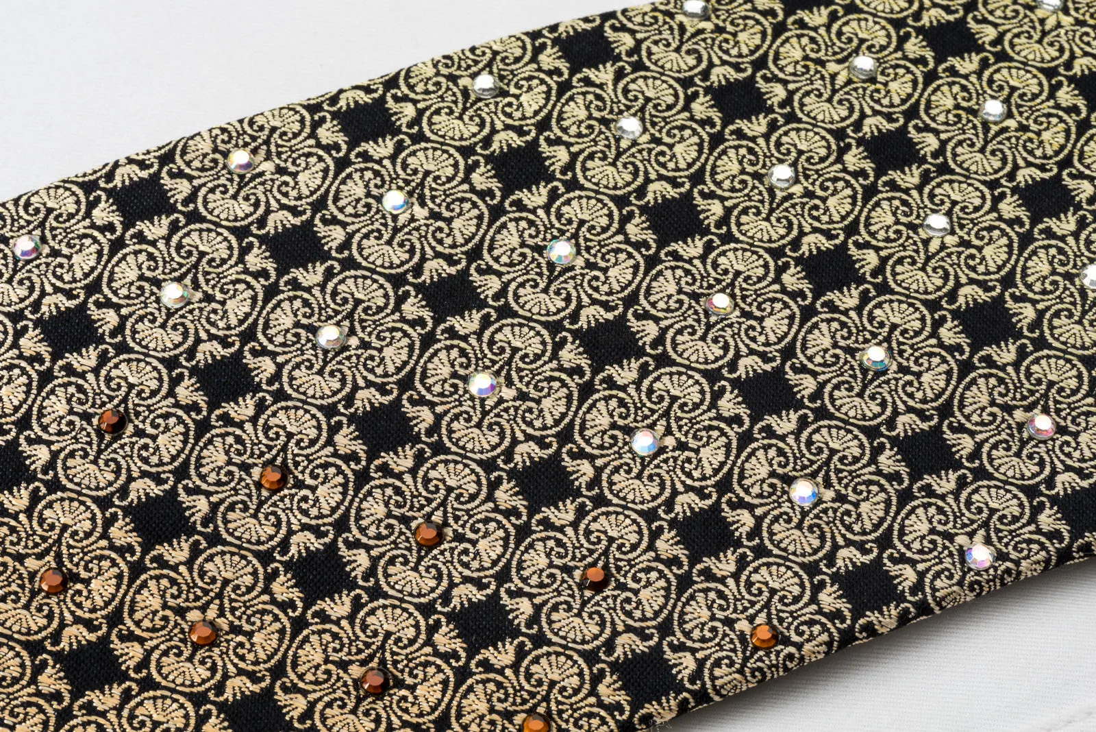 Indian Homme Silk Tie Yellow Orange Anthemion On Black With Rhinestones
