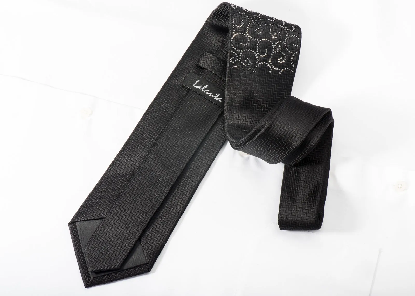 Lalanta Men's Rhinestone Tie Jet Black Crystal Rhinestones On Black Woven Silk