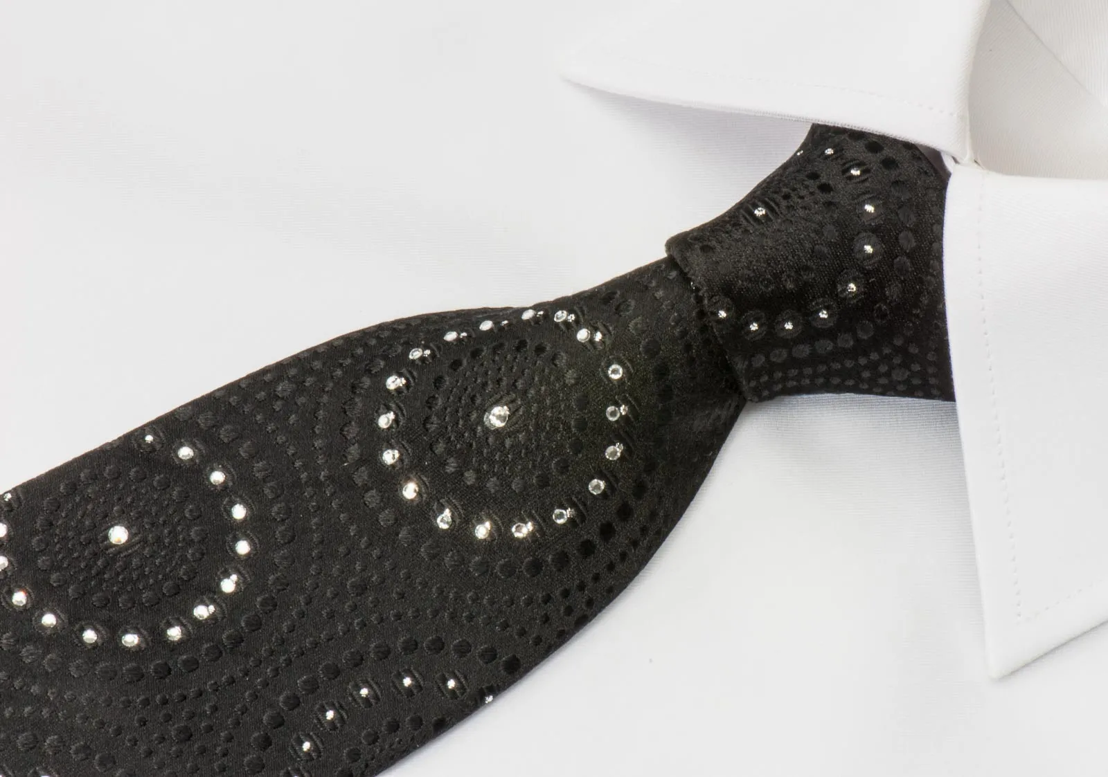 Lancetti Men's Black Rhinestone Tie Medallions On Black with Silver Sparkles