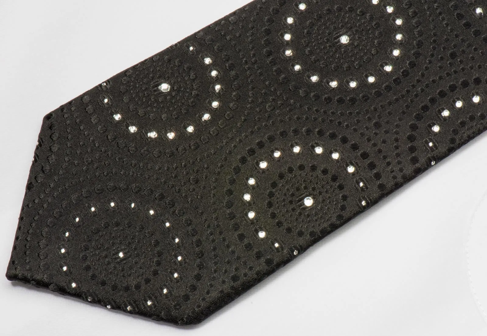 Lancetti Men's Black Rhinestone Tie Medallions On Black with Silver Sparkles