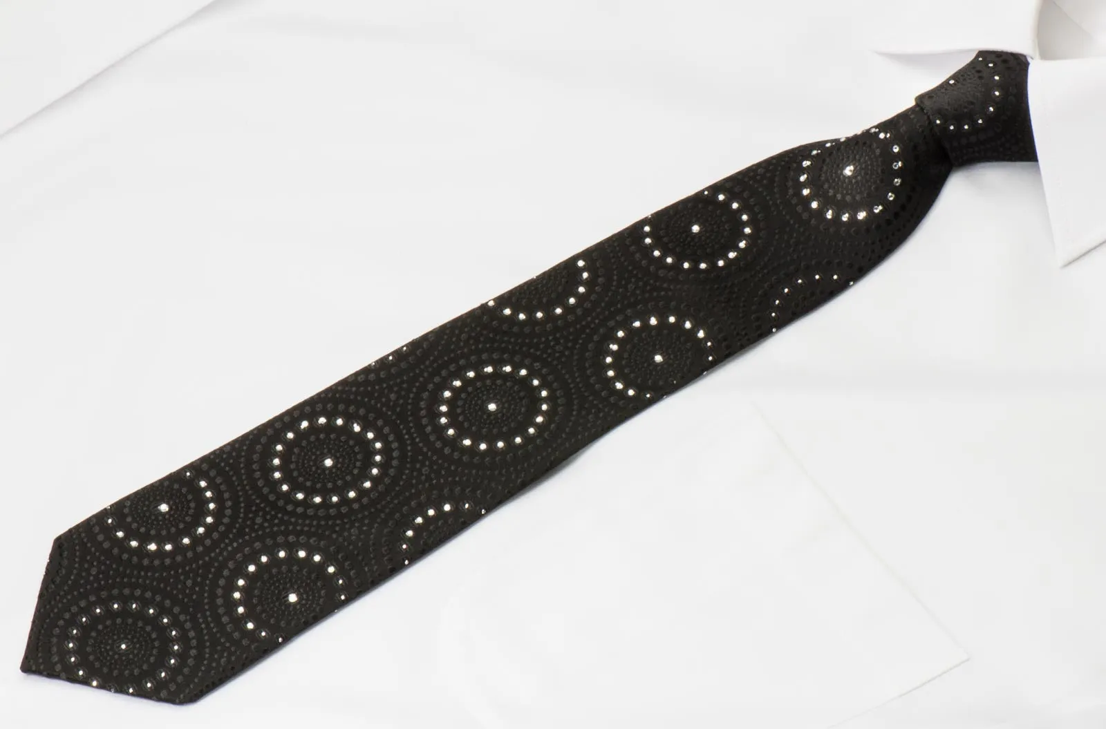 Lancetti Men's Black Rhinestone Tie Medallions On Black with Silver Sparkles