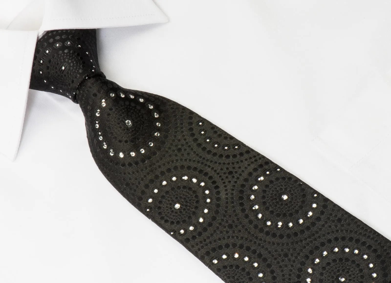 Lancetti Men's Black Rhinestone Tie Medallions On Black with Silver Sparkles