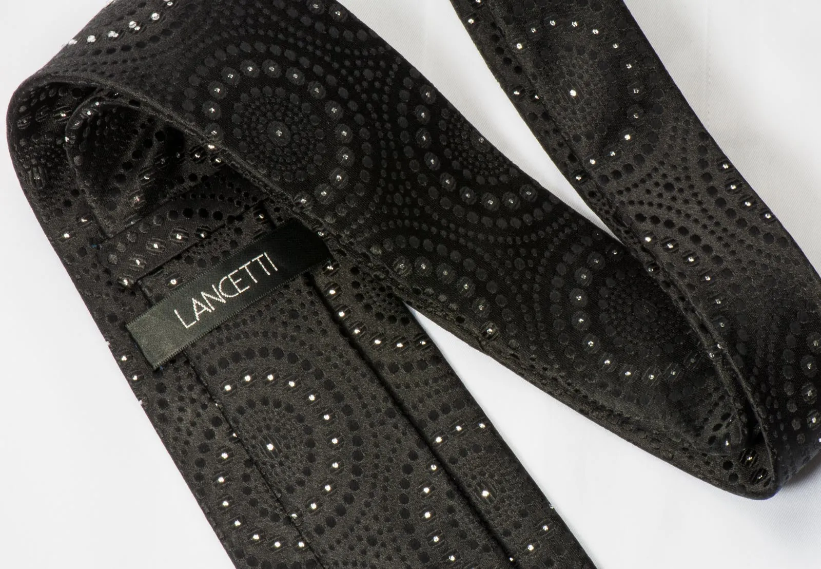 Lancetti Men's Black Rhinestone Tie Medallions On Black with Silver Sparkles