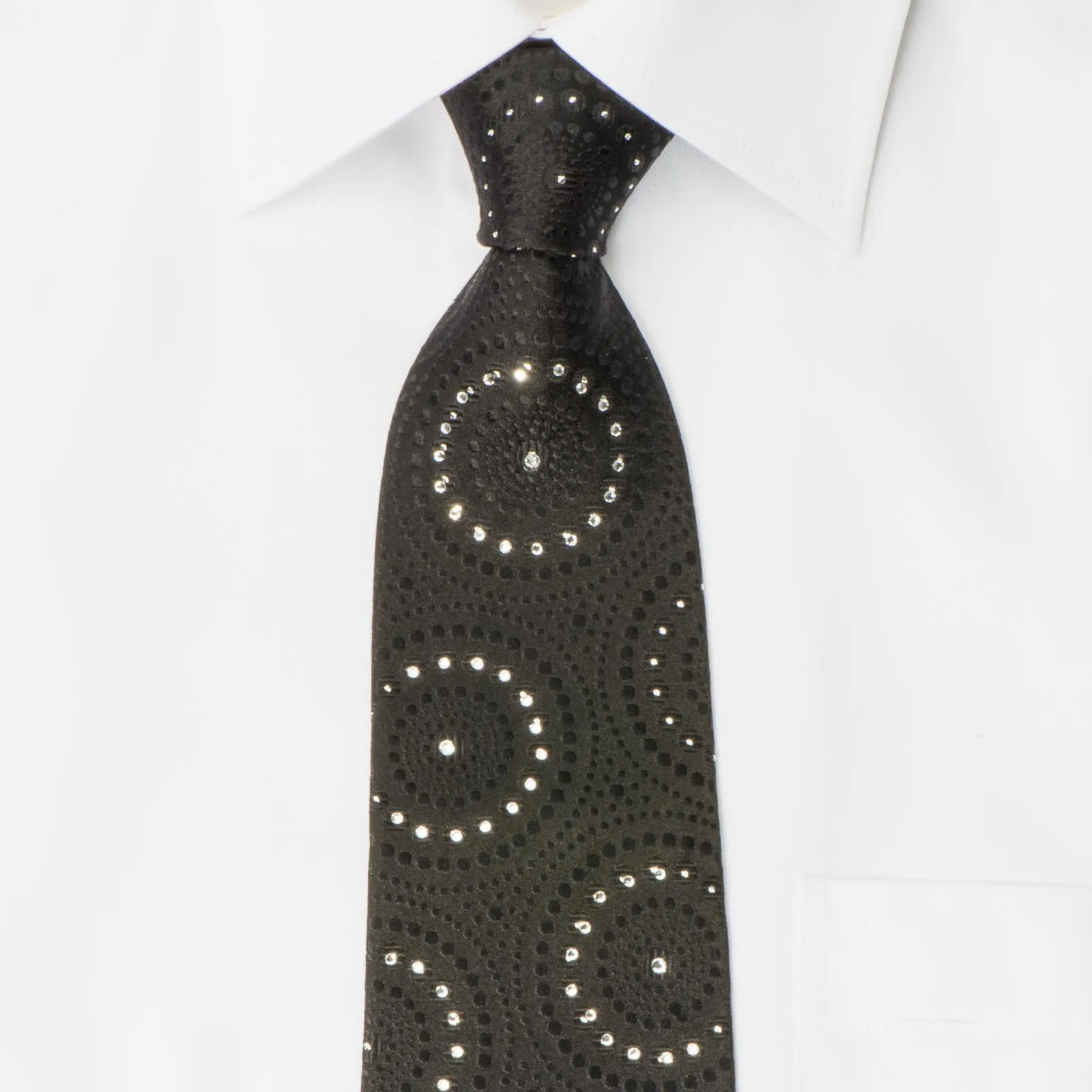 Lancetti Men's Black Rhinestone Tie Medallions On Black with Silver Sparkles