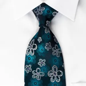 Lancetti Silk Rhinestone Necktie Floral On Blue With Blue Sparkles