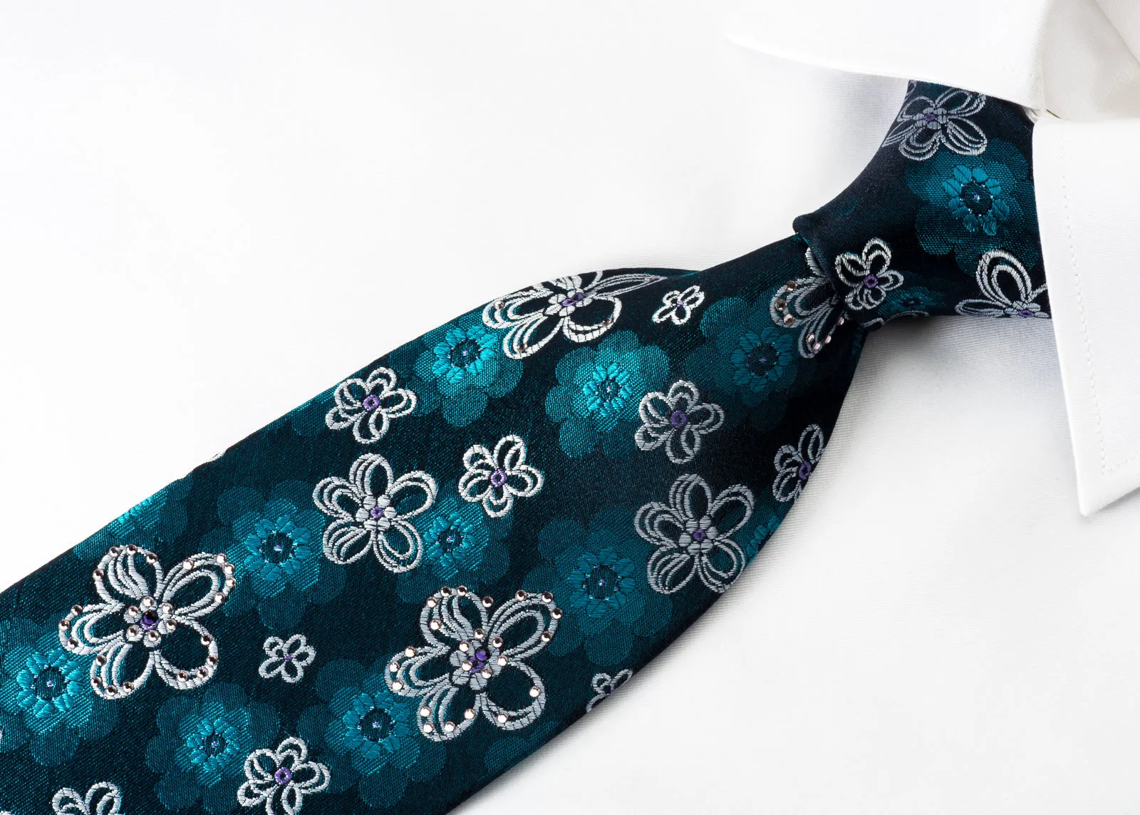 Lancetti Silk Rhinestone Necktie Floral On Blue With Blue Sparkles