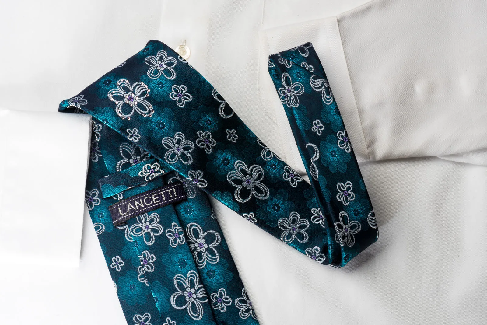 Lancetti Silk Rhinestone Necktie Floral On Blue With Blue Sparkles