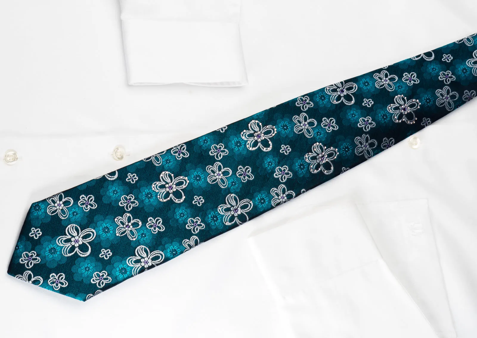 Lancetti Silk Rhinestone Necktie Floral On Blue With Blue Sparkles
