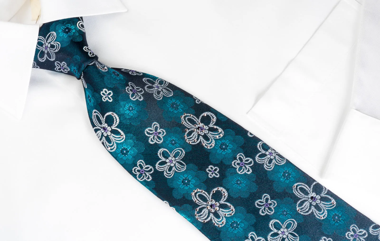 Lancetti Silk Rhinestone Necktie Floral On Blue With Blue Sparkles