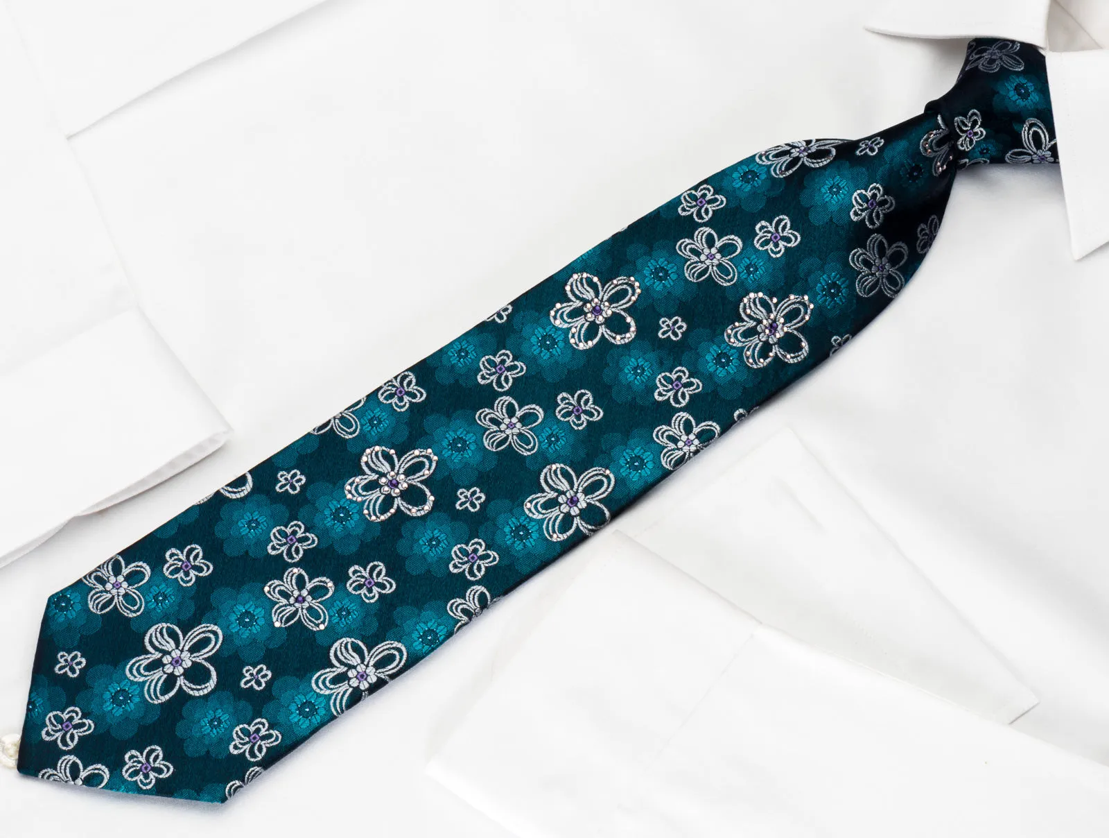 Lancetti Silk Rhinestone Necktie Floral On Blue With Blue Sparkles