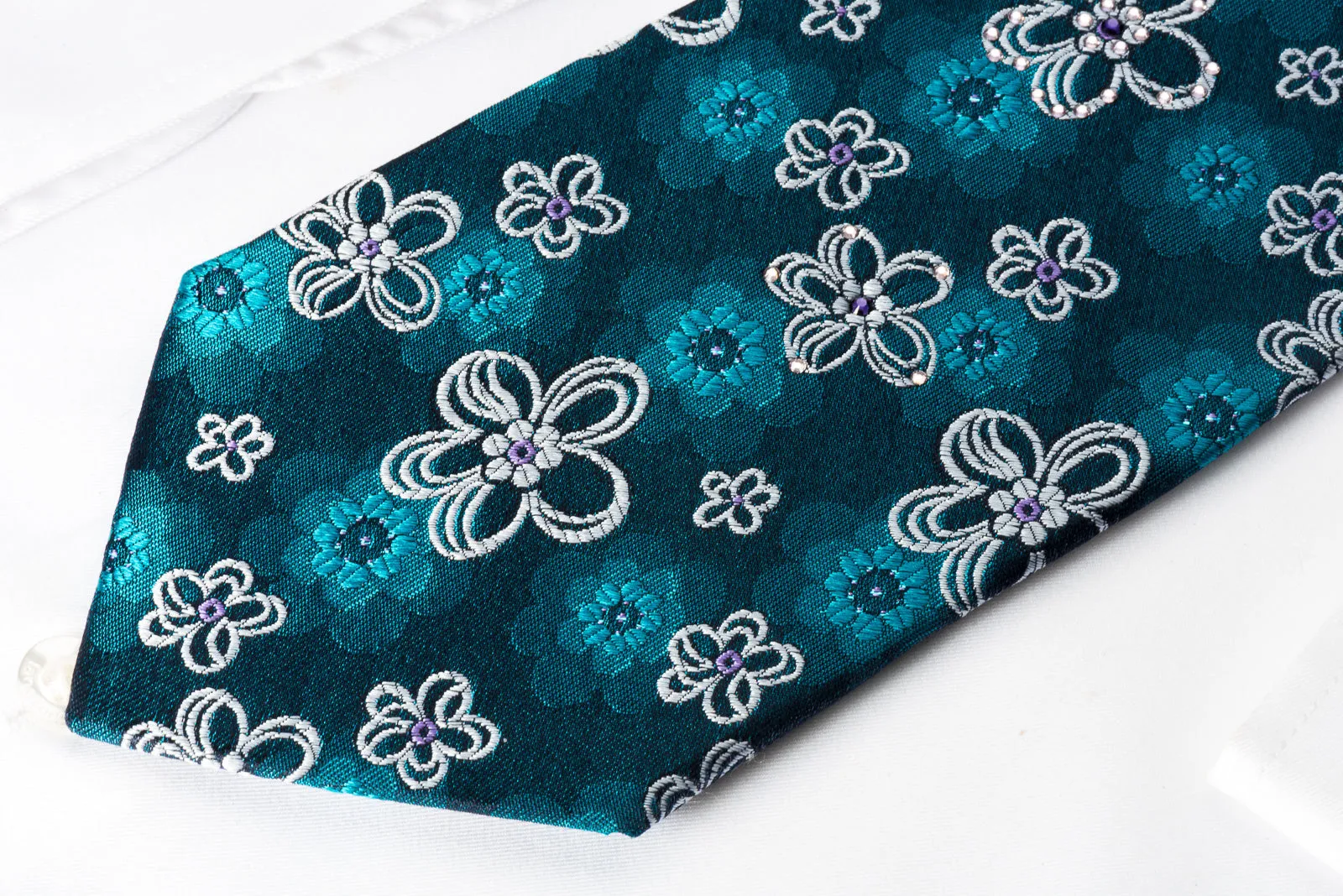 Lancetti Silk Rhinestone Necktie Floral On Blue With Blue Sparkles