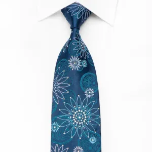 Leslie Vince Men's Crystal Silk Necktie Geometric Floral On Blue With Sparkles