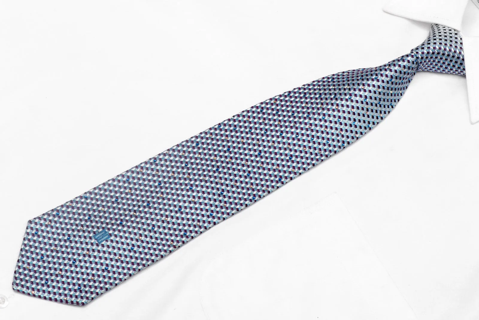 Light Blue & Purple Geometric Pattern Rhinestone Silk Necktie With Sparkles