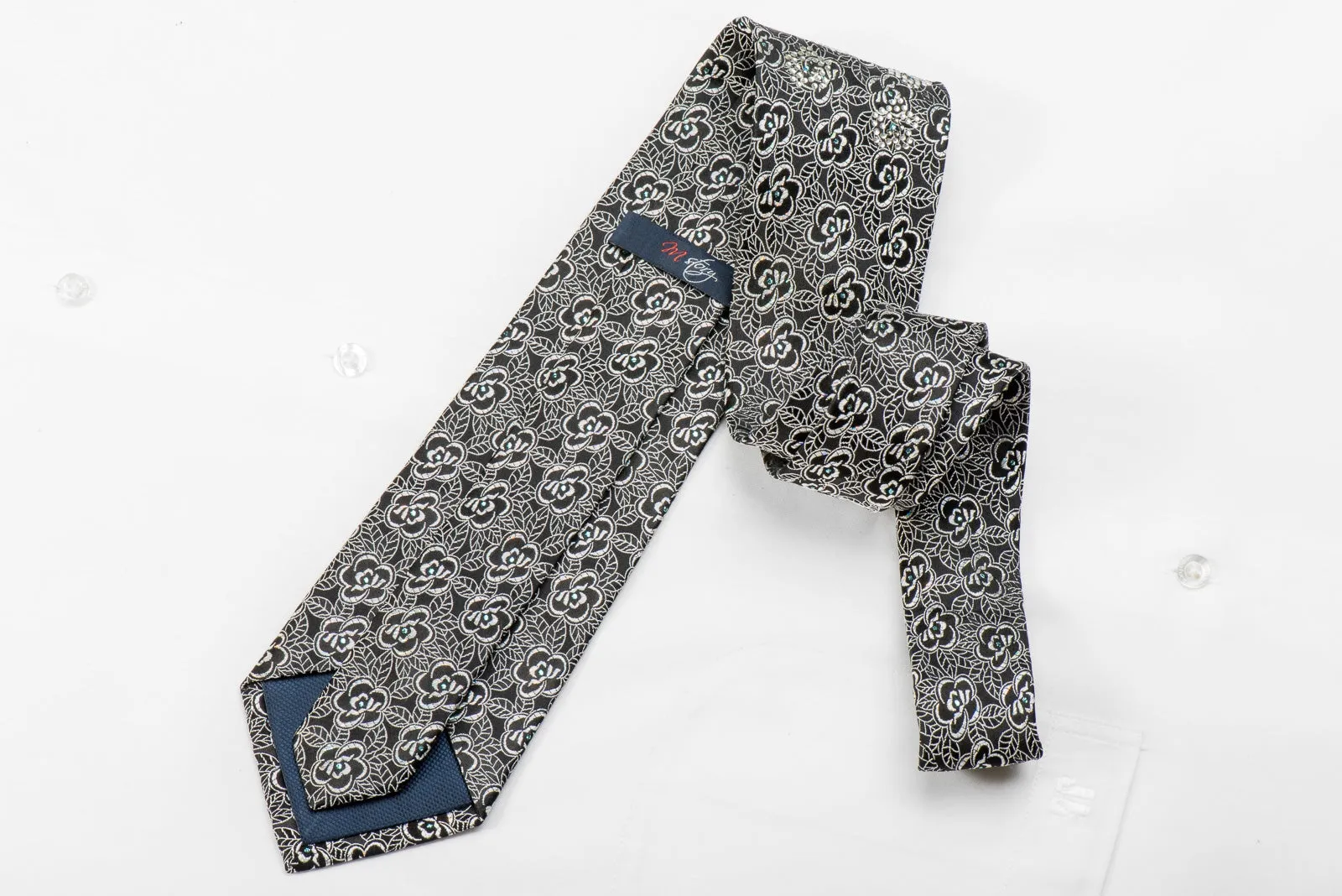 M-Story Men's Crystal Tie Silver Floral On Black With Silver Sparkles