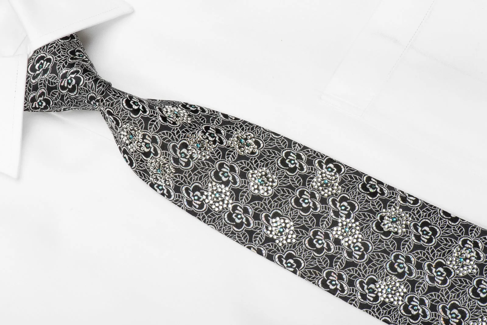 M-Story Men's Crystal Tie Silver Floral On Black With Silver Sparkles