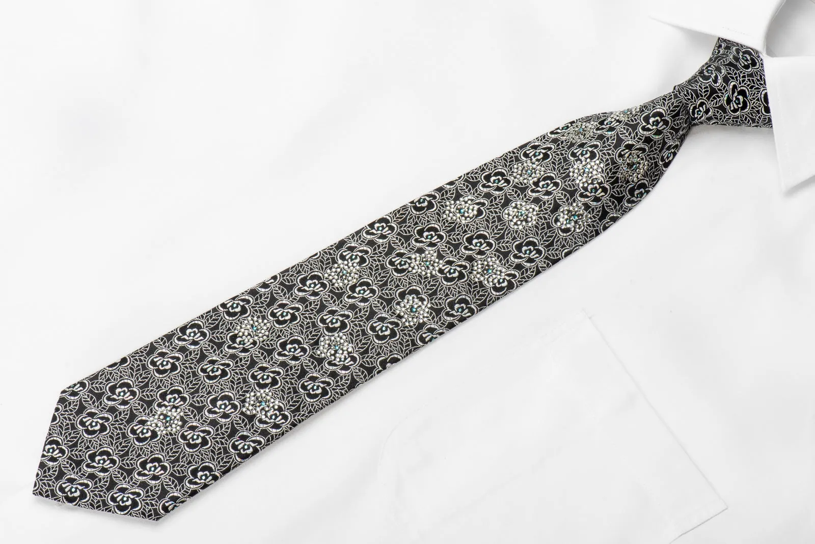 M-Story Men's Crystal Tie Silver Floral On Black With Silver Sparkles