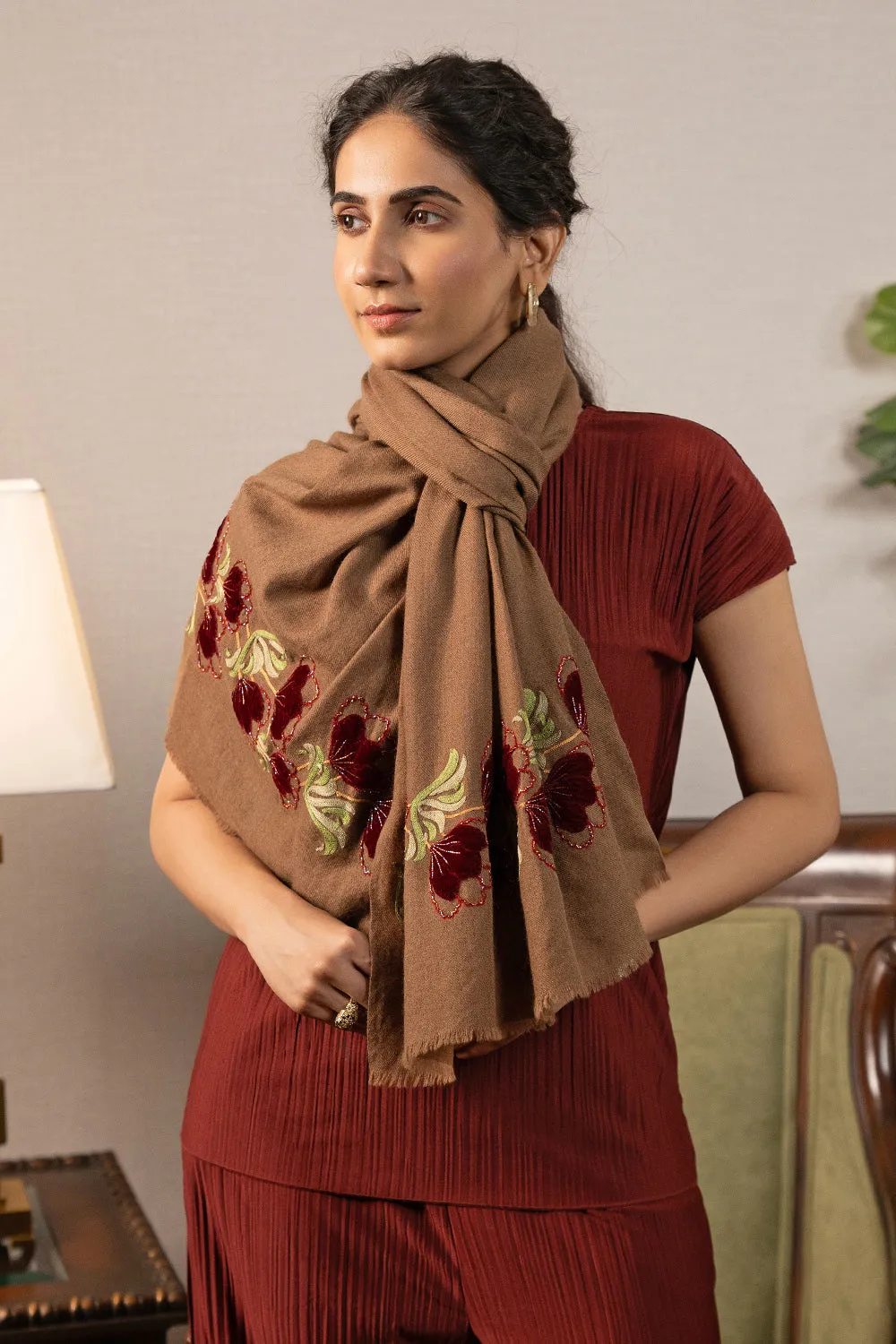Magnolia Buds | Embroidered Wool Silk Stole