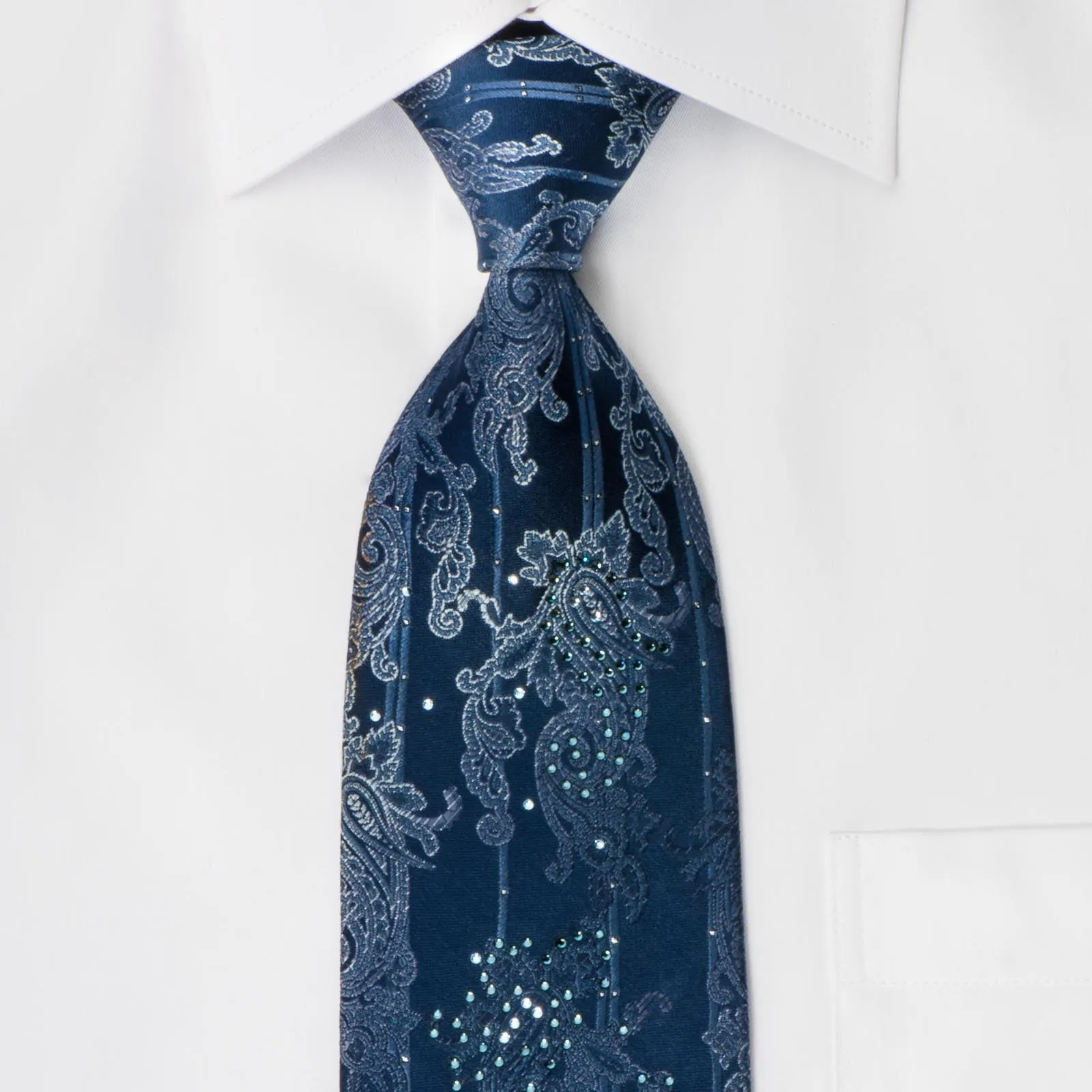 Masculin Men's Rhinestone Silk Necktie Paisley On Blue With Silver Sparkles