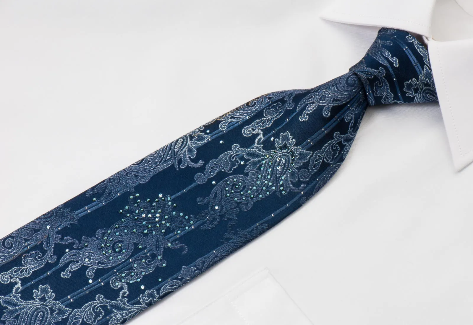 Masculin Men's Rhinestone Silk Necktie Paisley On Blue With Silver Sparkles