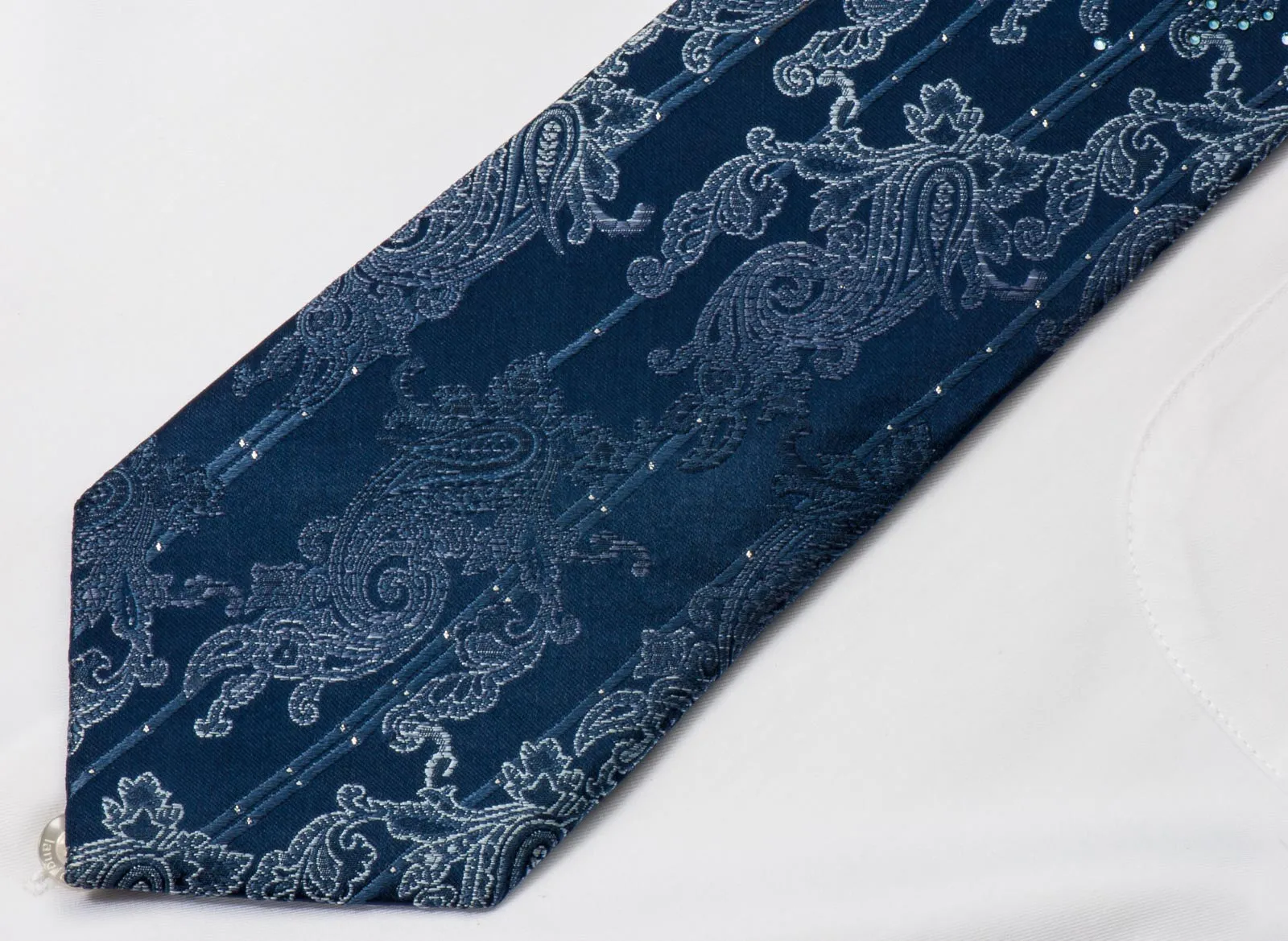 Masculin Men's Rhinestone Silk Necktie Paisley On Blue With Silver Sparkles
