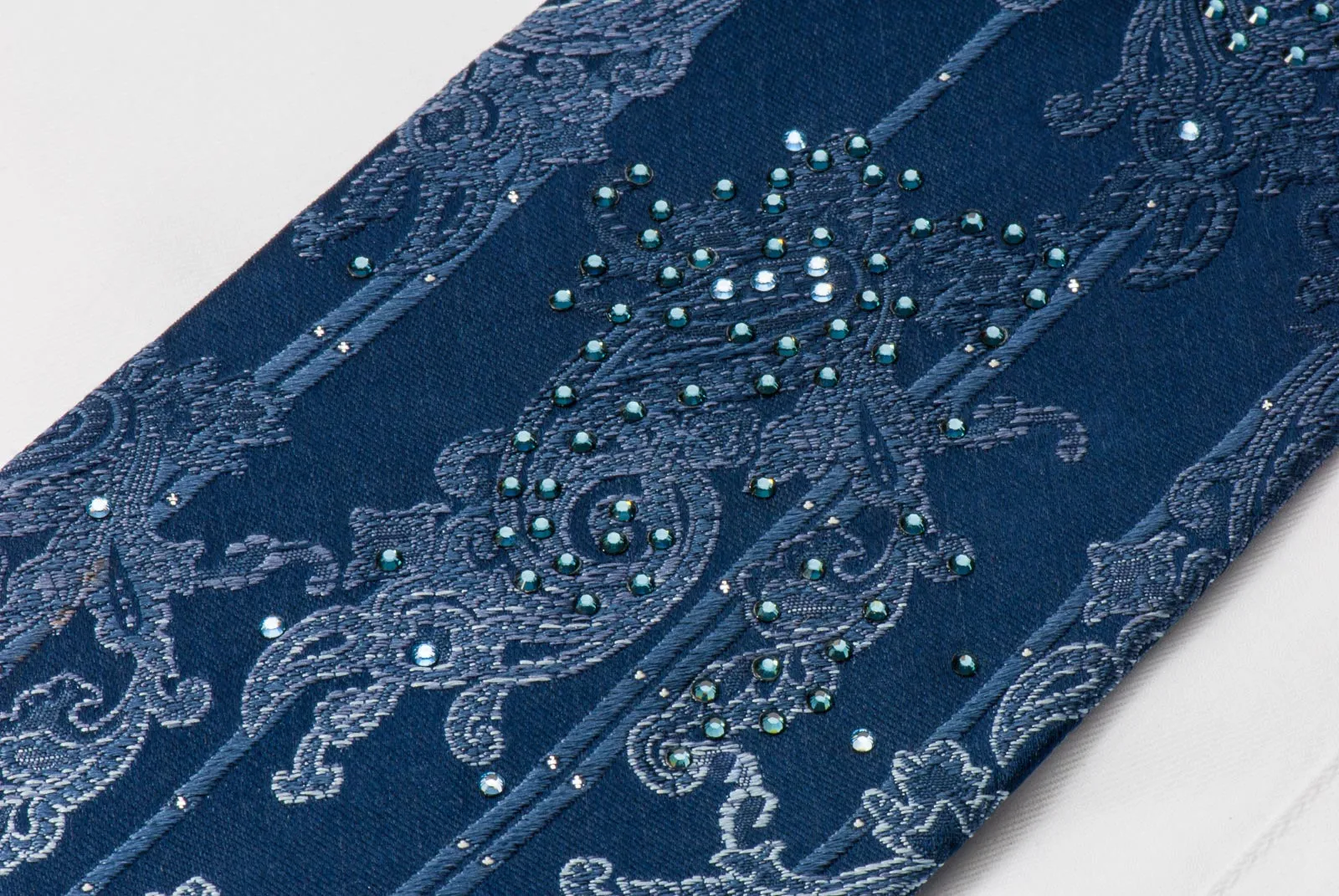 Masculin Men's Rhinestone Silk Necktie Paisley On Blue With Silver Sparkles