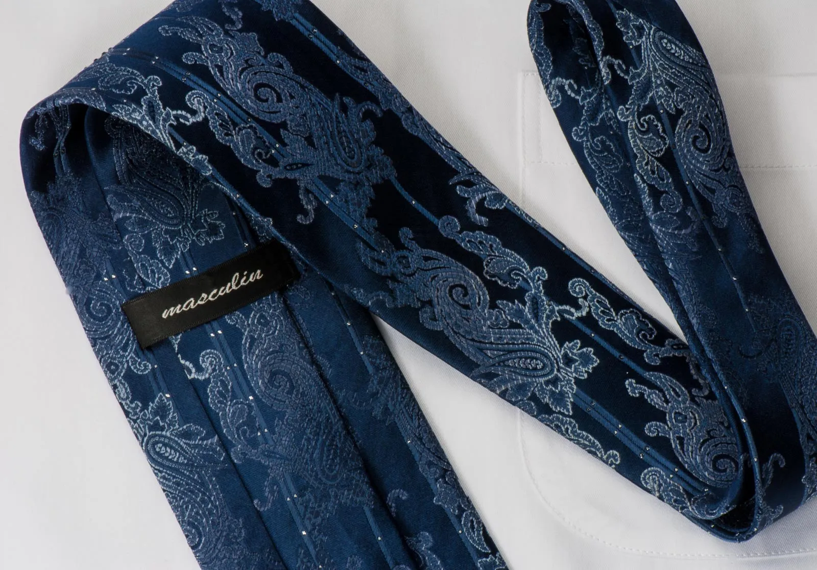 Masculin Men's Rhinestone Silk Necktie Paisley On Blue With Silver Sparkles