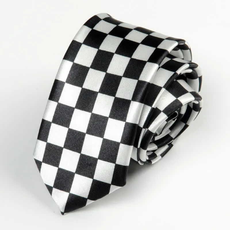 Men's Black & White Little Checks Dots Striped Necktie