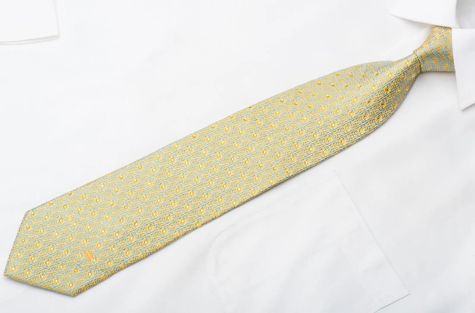 Mila Schon Mens Silk Necktie Blue Cartouche On Yellow Sparkling With Crystal Rhinestones