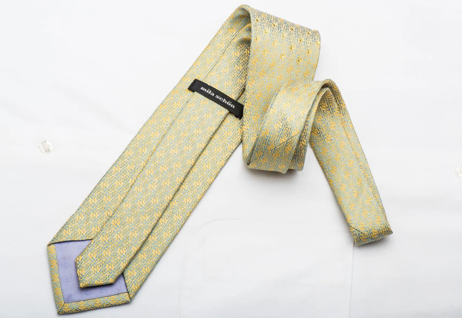 Mila Schon Mens Silk Necktie Blue Cartouche On Yellow Sparkling With Crystal Rhinestones