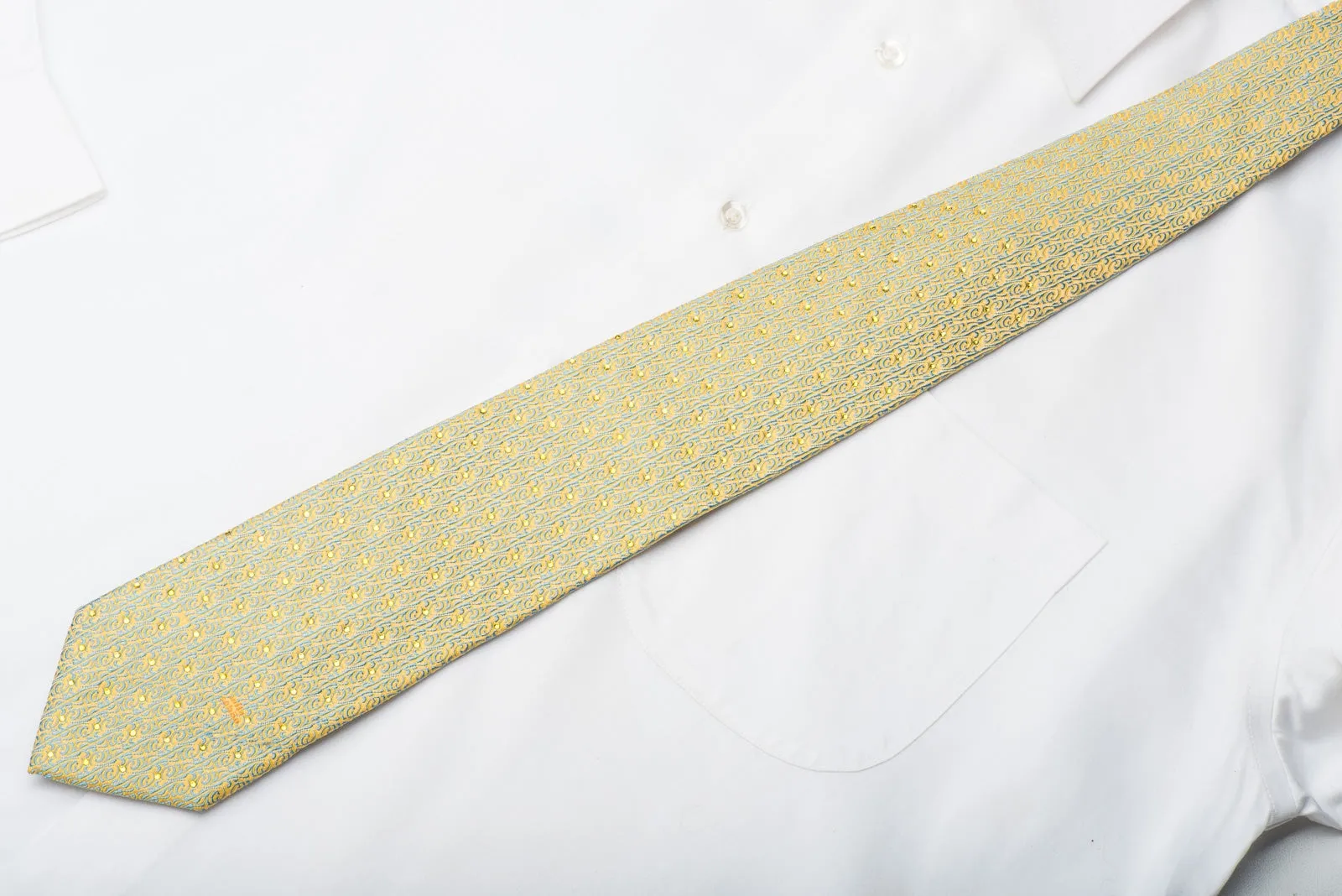 Mila Schon Mens Silk Necktie Blue Cartouche On Yellow Sparkling With Crystal Rhinestones