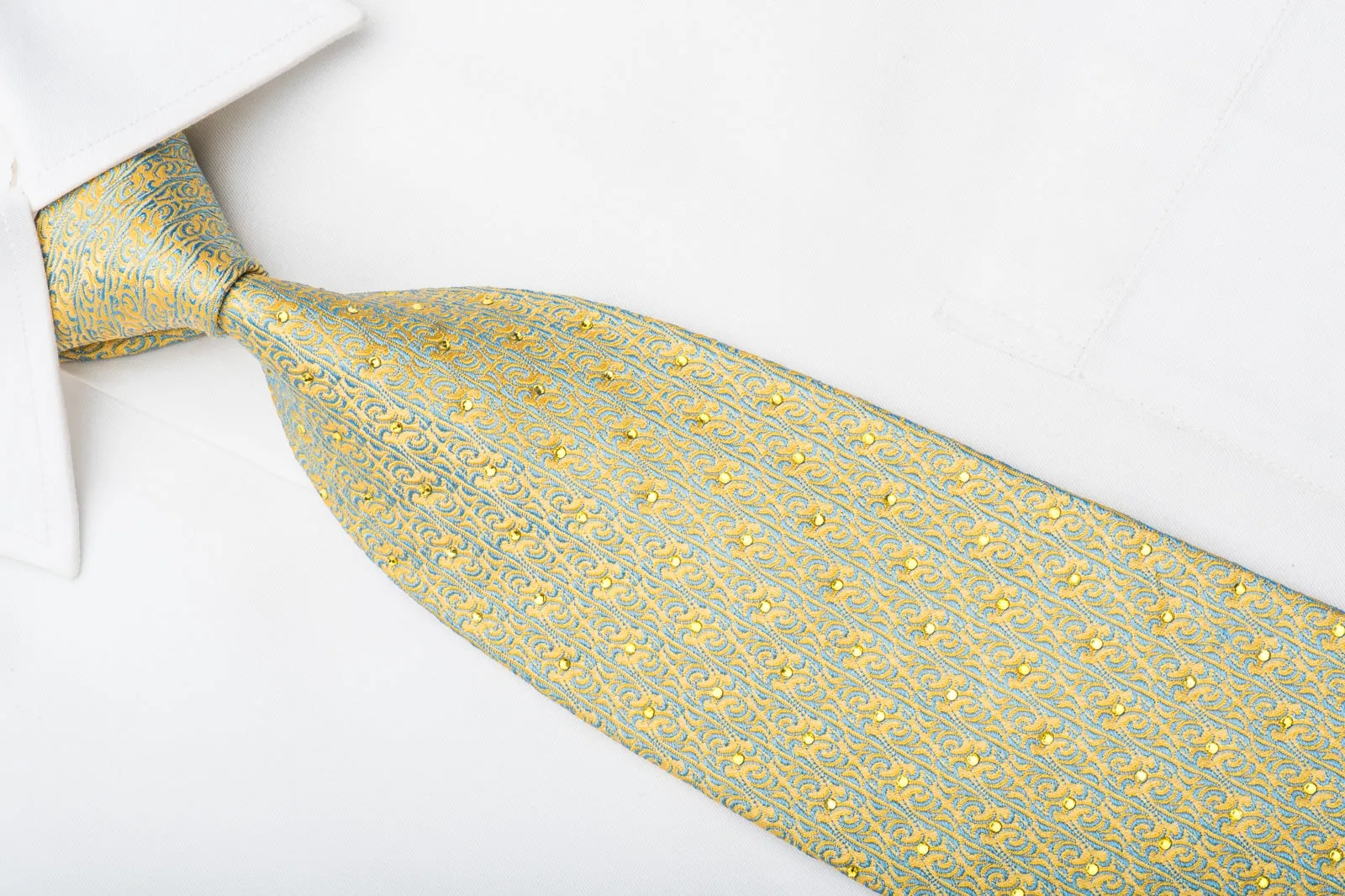 Mila Schon Mens Silk Necktie Blue Cartouche On Yellow Sparkling With Crystal Rhinestones