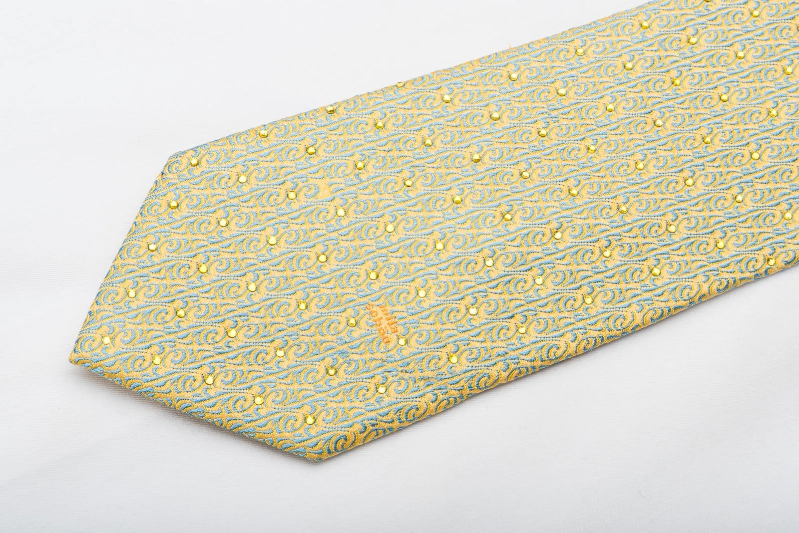Mila Schon Mens Silk Necktie Blue Cartouche On Yellow Sparkling With Crystal Rhinestones